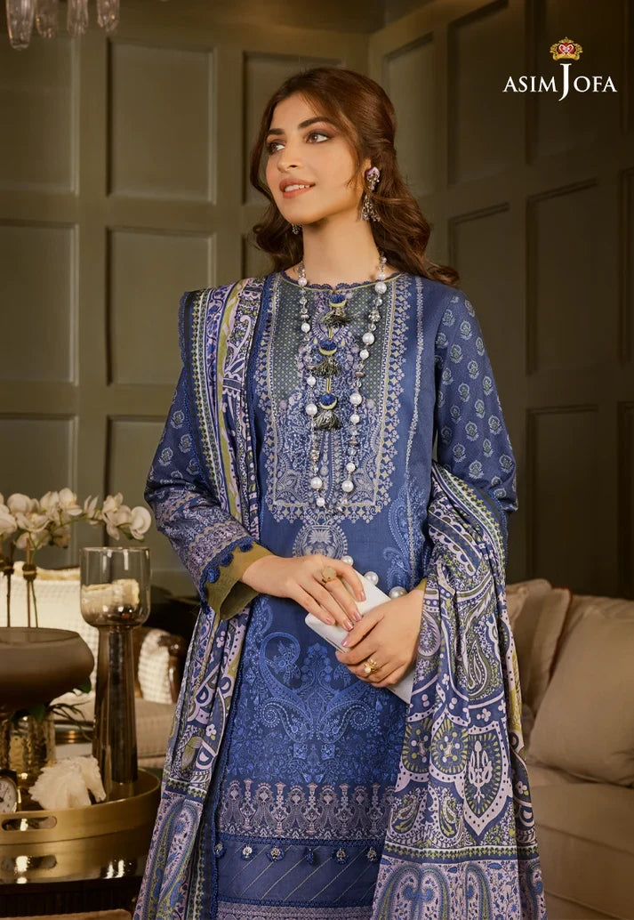 Pakistani Asim Jofa Embroidered Lawn Unstitched Three Piece - Blue