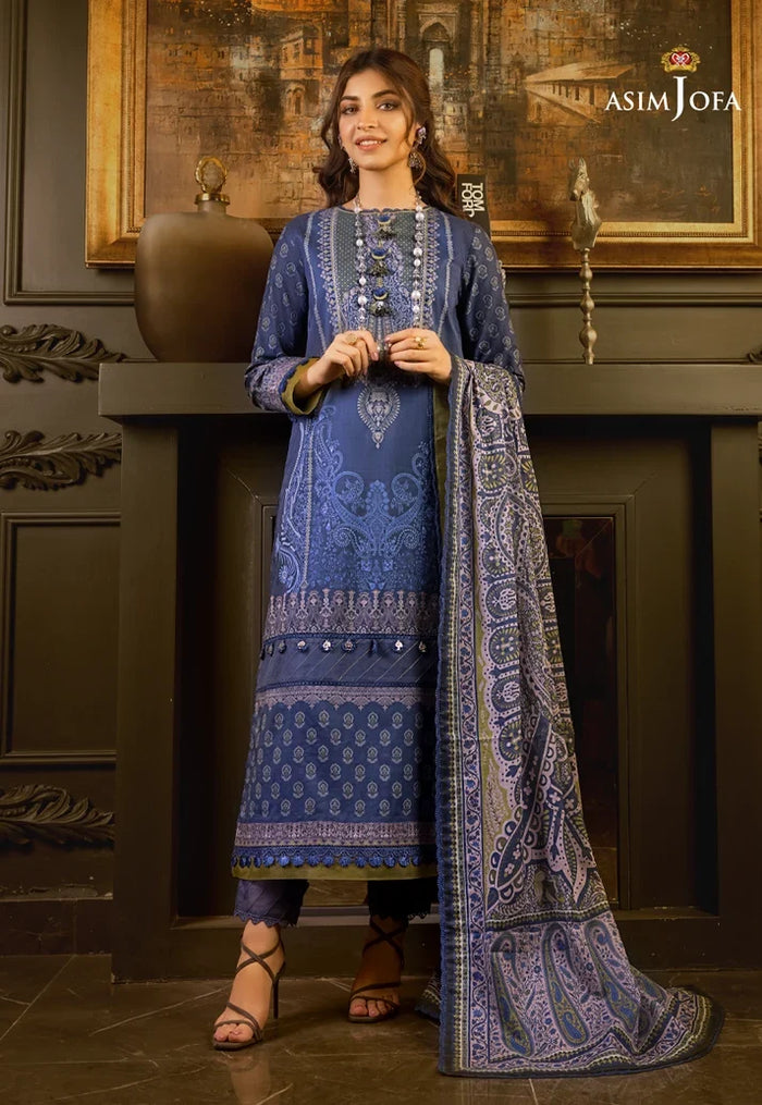 Pakistani Asim Jofa Embroidered Lawn Unstitched Three Piece - Blue