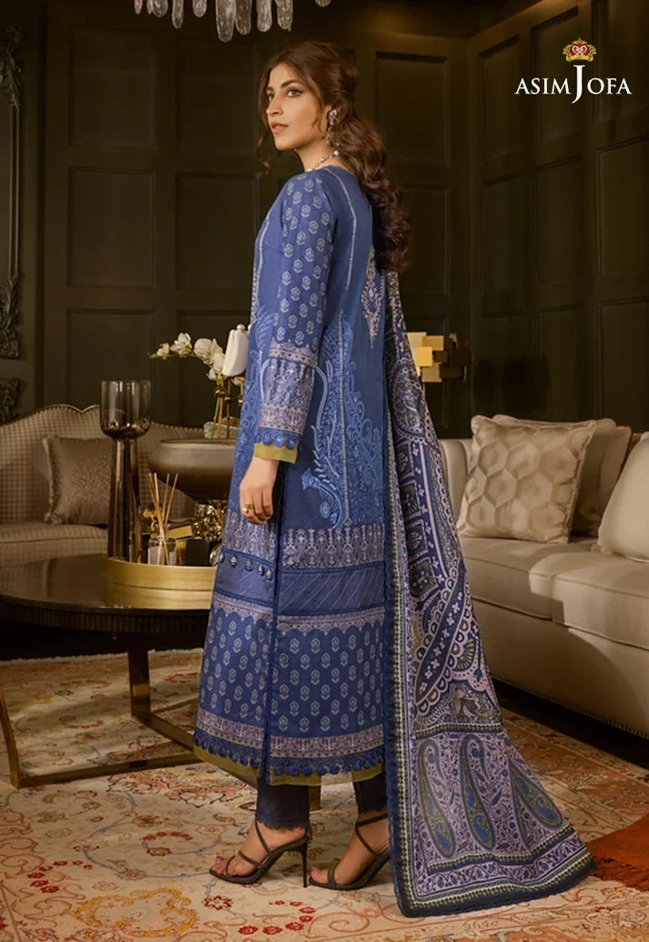 Pakistani Asim Jofa Embroidered Lawn Unstitched Three Piece - Blue