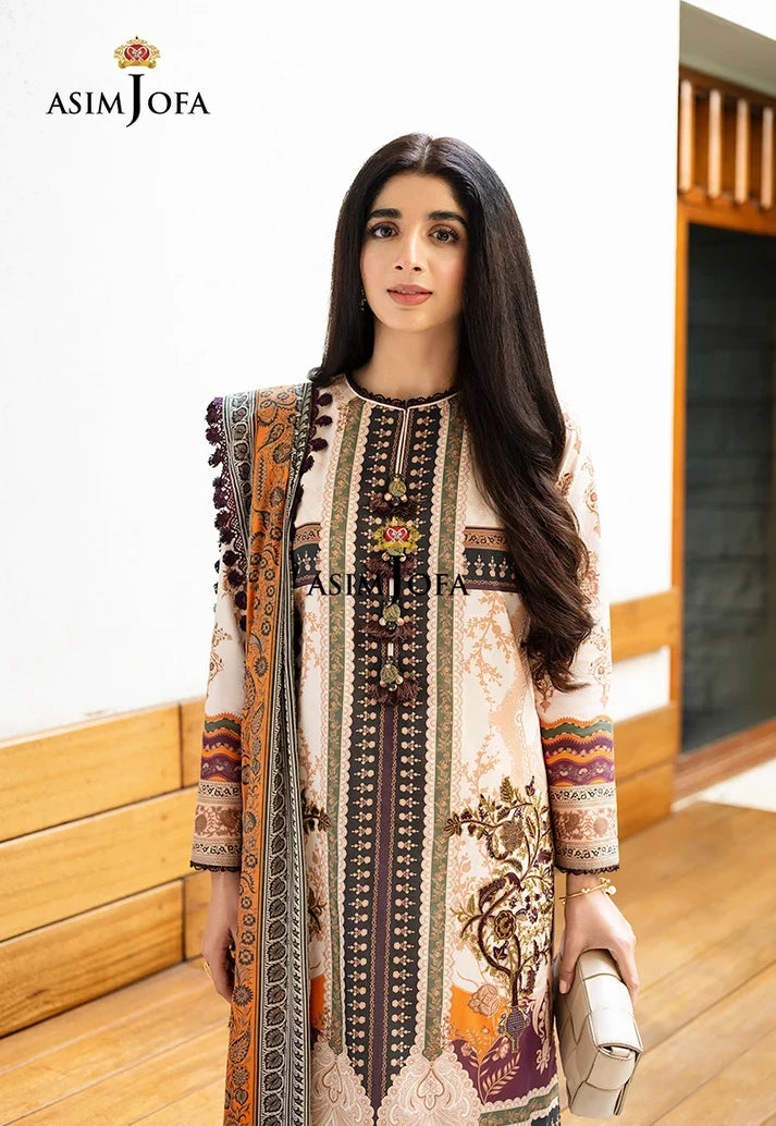 Pakistani Asim Jofa Embroidered Lawn Unstitched Three Piece - Off White