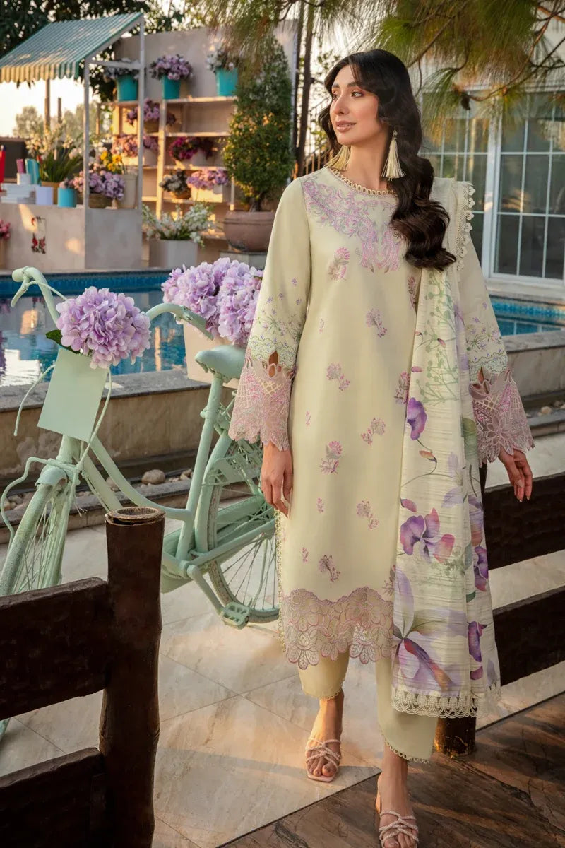 Pakistani Printed Embroidered Lawn 3-Piece Suit With Silk Dupatta - Pale Yellow