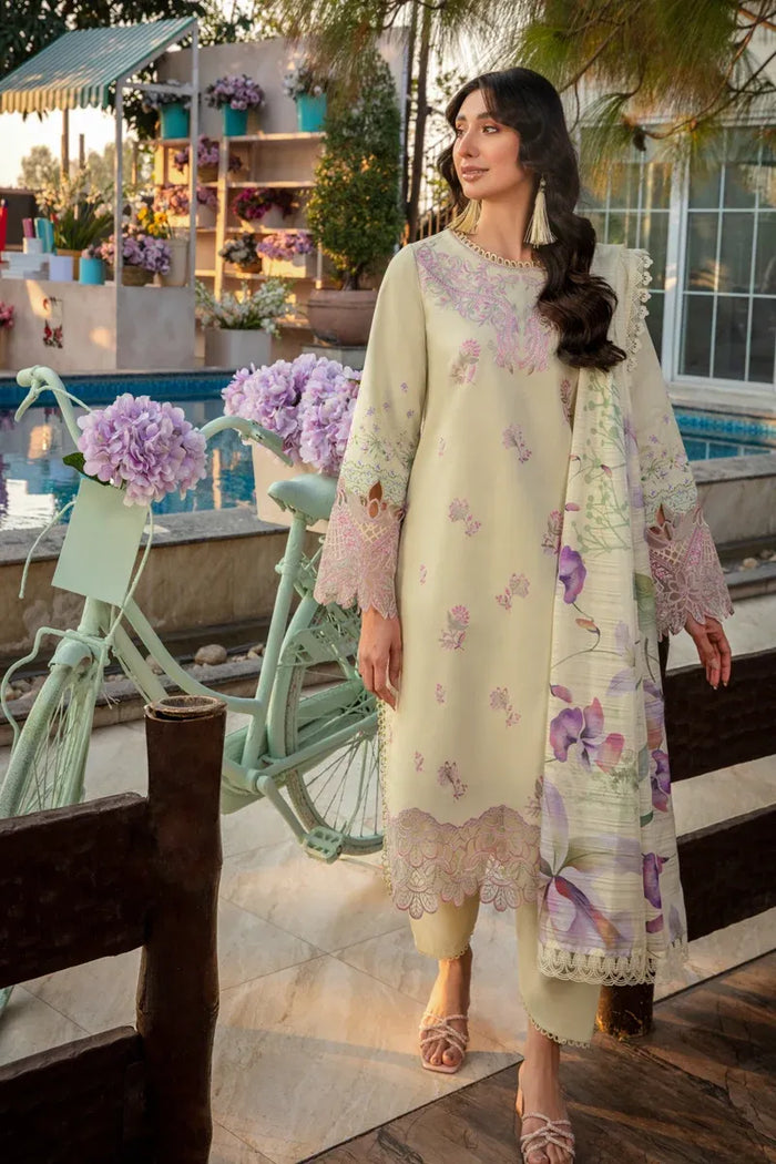 Pakistani Printed Embroidered Lawn 3-Piece Suit With Silk Dupatta - Pale Yellow