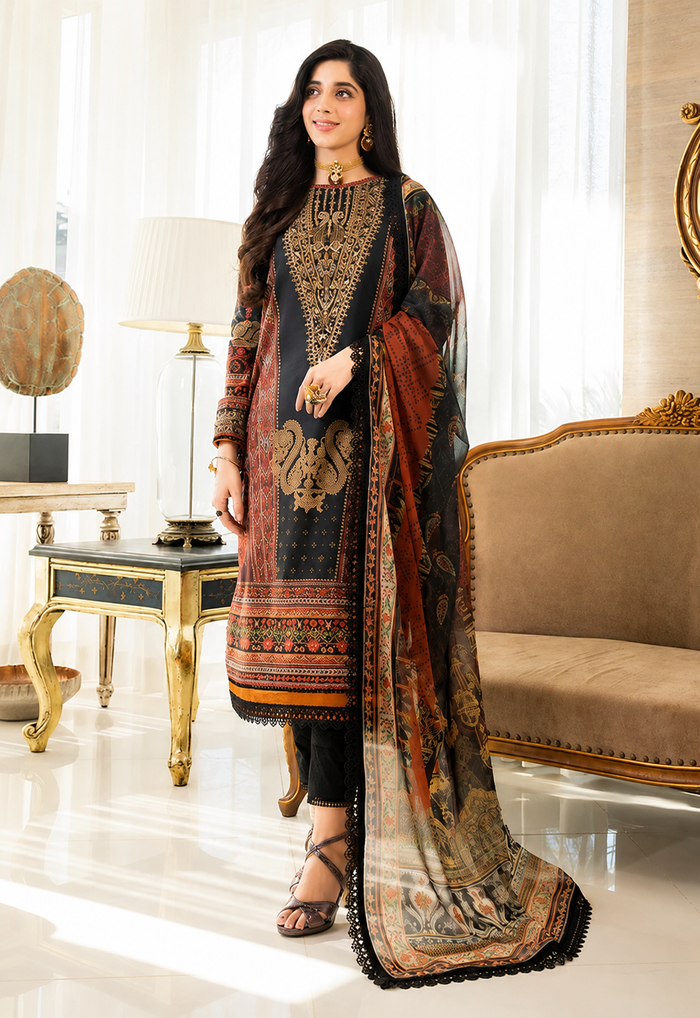 Pakistani Asim Jofa Unstitched Three Piece - Cocoa Bean