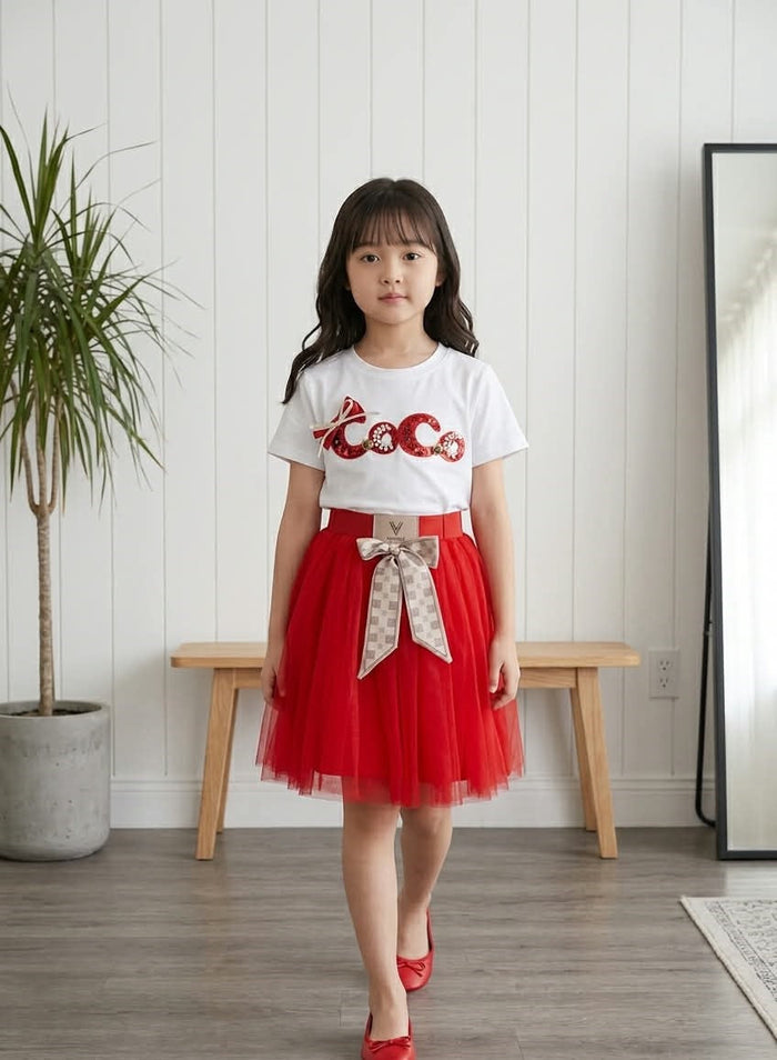 Imported Girls Korean Style Frock - White X Red