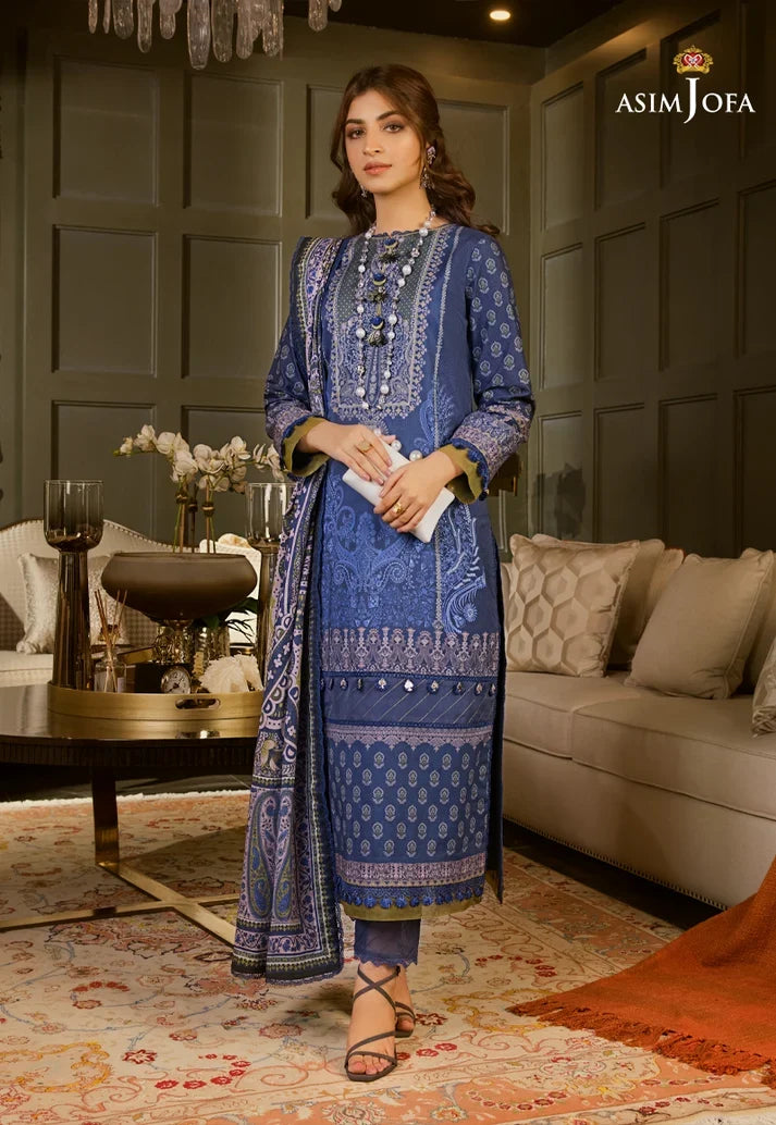 Pakistani Asim Jofa Embroidered Lawn Unstitched Three Piece - Blue