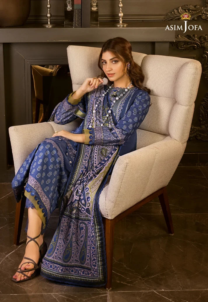 Pakistani Asim Jofa Embroidered Lawn Unstitched Three Piece - Blue